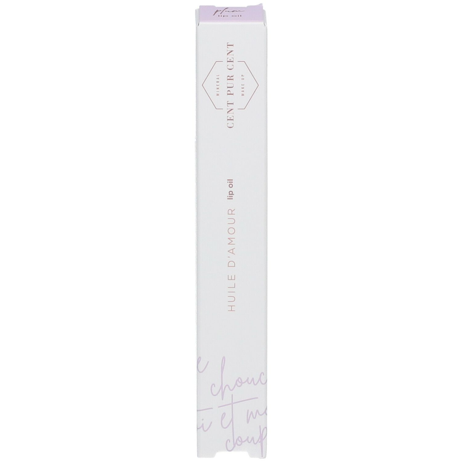 Emballage d'huile pour les lèvres. Blanc, inscription CENT PUR CENT, HUILE D'AMOUR, lip oil.