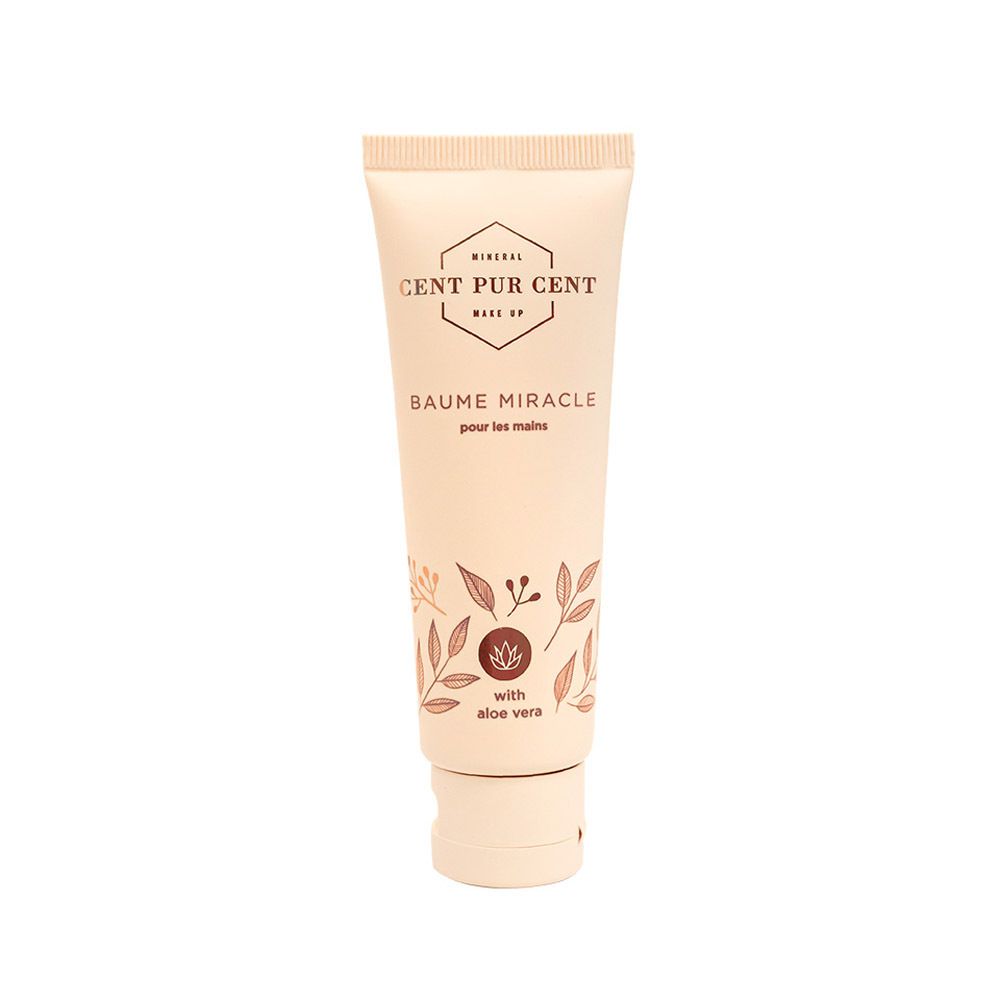 Tube beige de crème. Inscription : Cent Pur Cent, Baume Miracle pour les mains. Avec Aloe Vera. Fermeture beige.