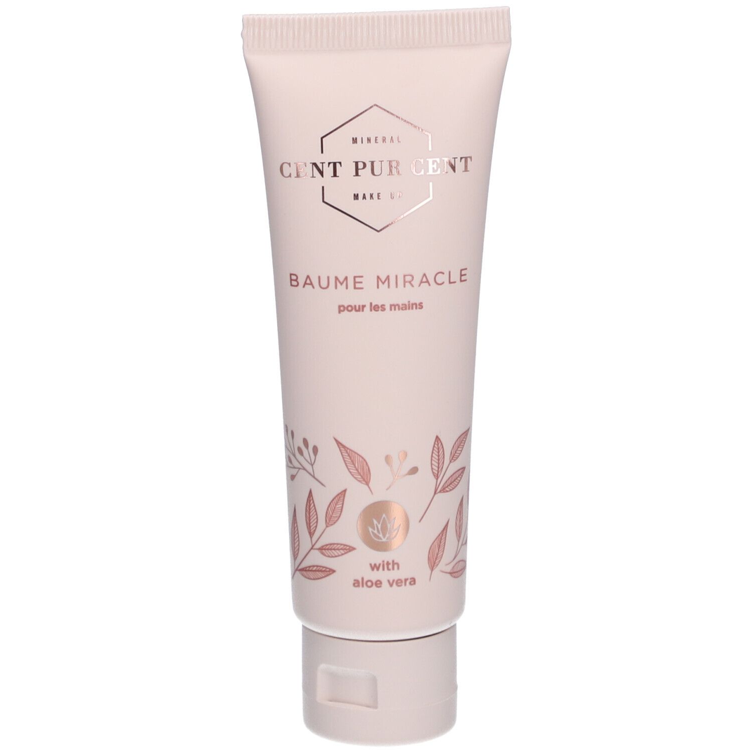 Tube beige de crème. Inscription : Cent Pur Cent, Baume Miracle pour les mains. Avec Aloe Vera. Fermeture beige.