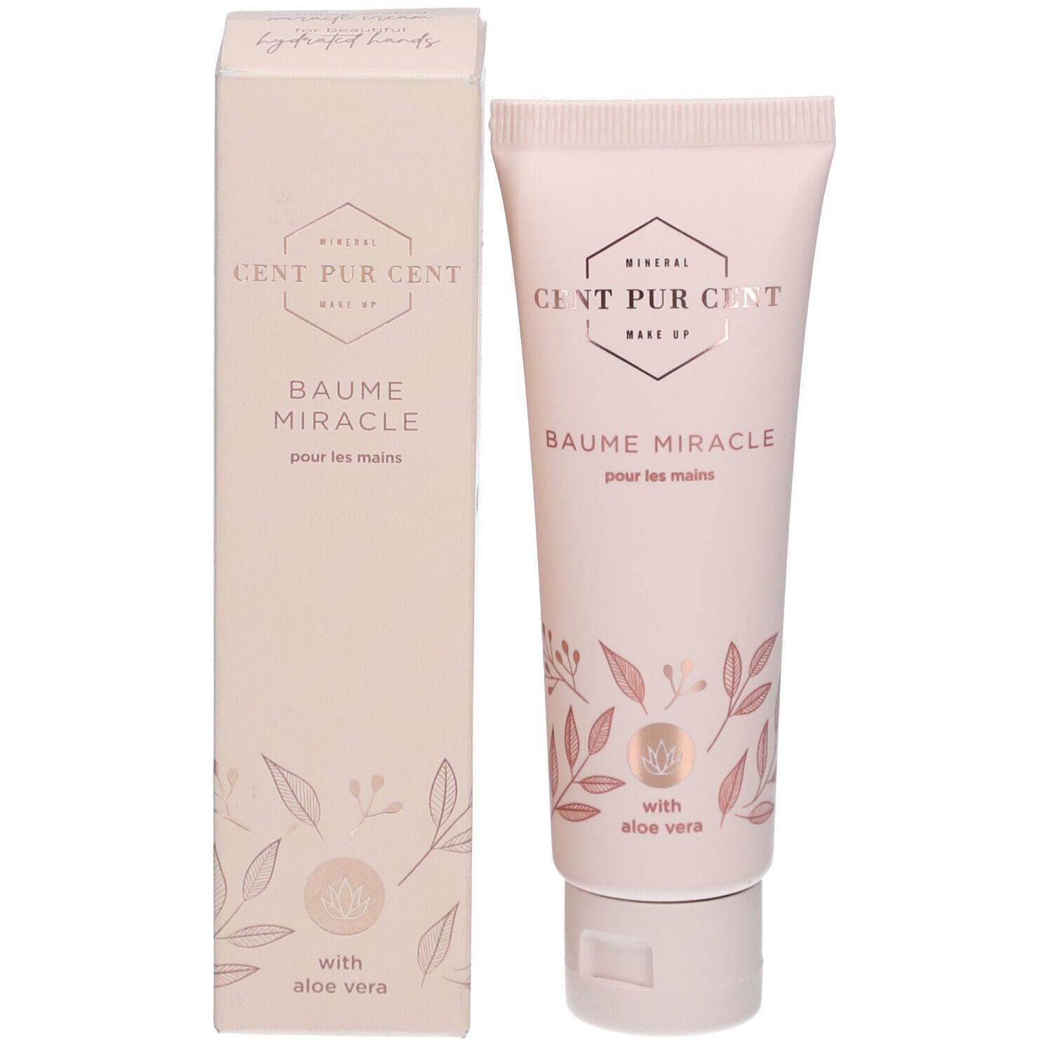 Emballage du produit. Tube et boîte. Inscription : Cent Pur Cent, Baume Miracle pour les mains. Avec Aloe Vera. Beige.