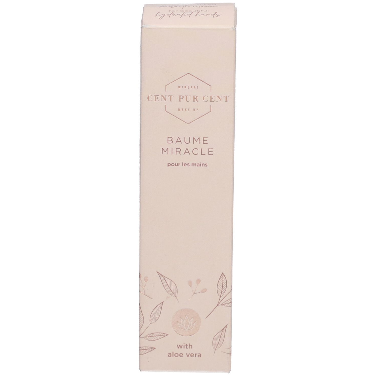 Boîte. Inscription : Cent Pur Cent, Baume Miracle pour les mains. Avec Aloe Vera. Beige. Forme élancée.