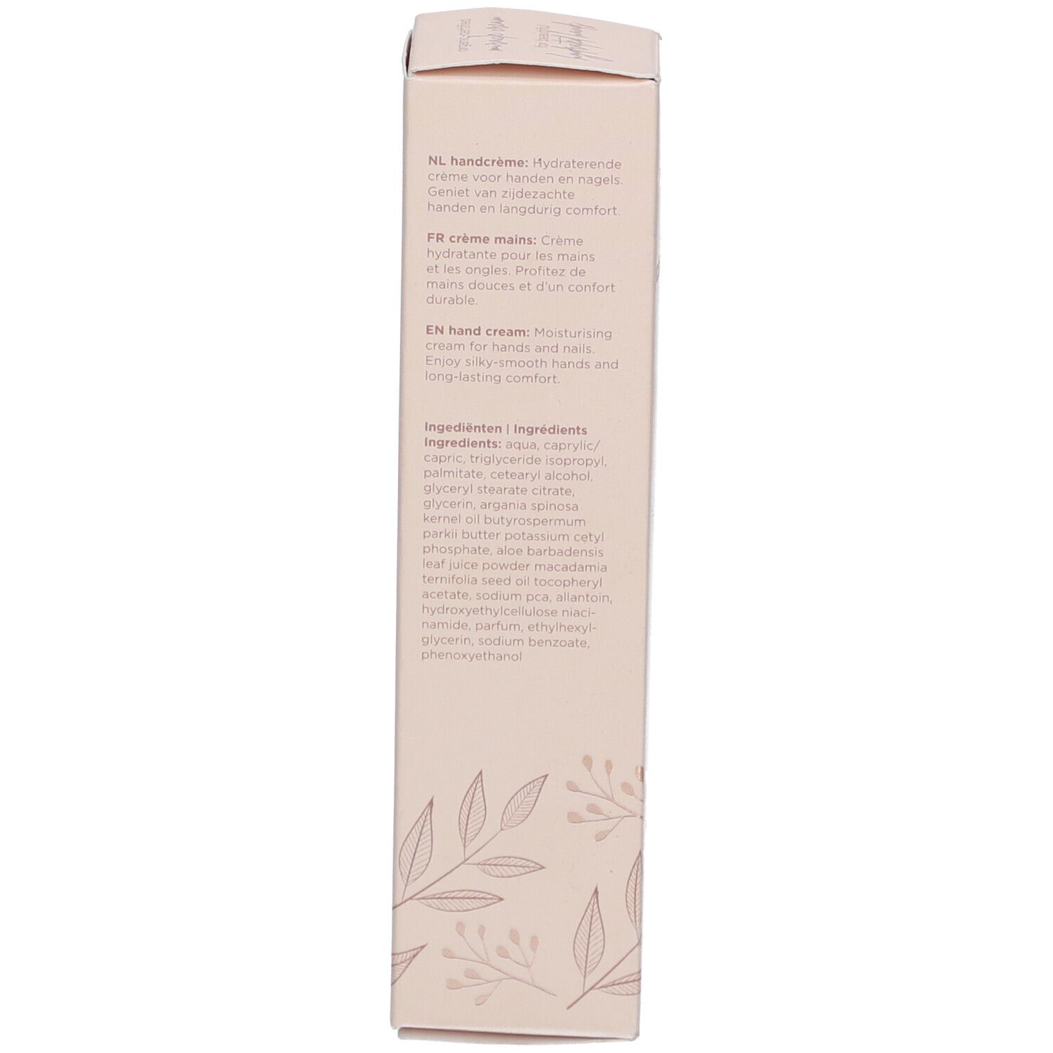 Dos de la boîte. Texte : Handcrème, Crème Mains, Hand Cream. Ingrédients. Fond beige.