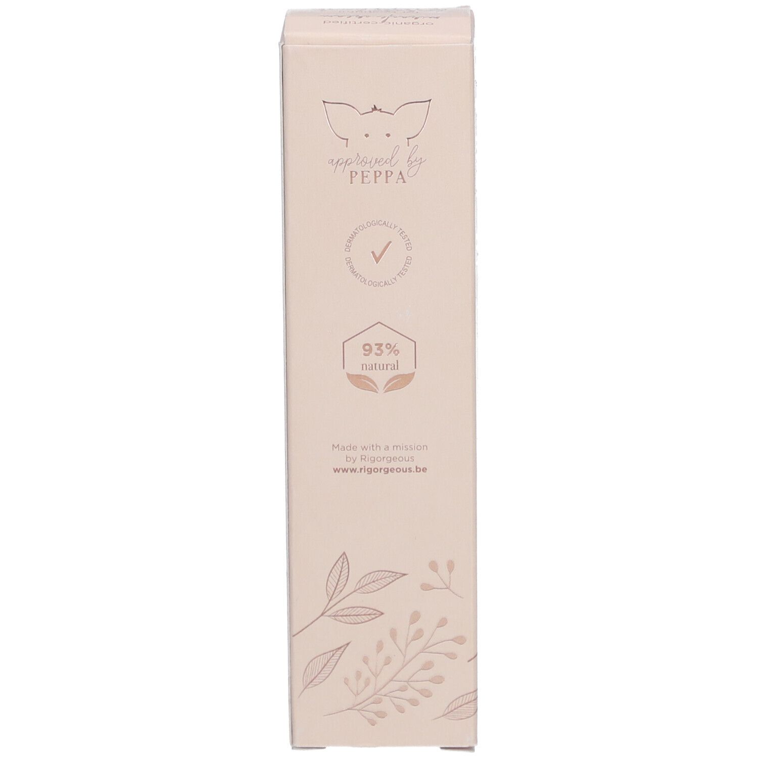 Boîte. Logo : Approved by Peppa. 93% naturel. Fond beige. Texte et logo.