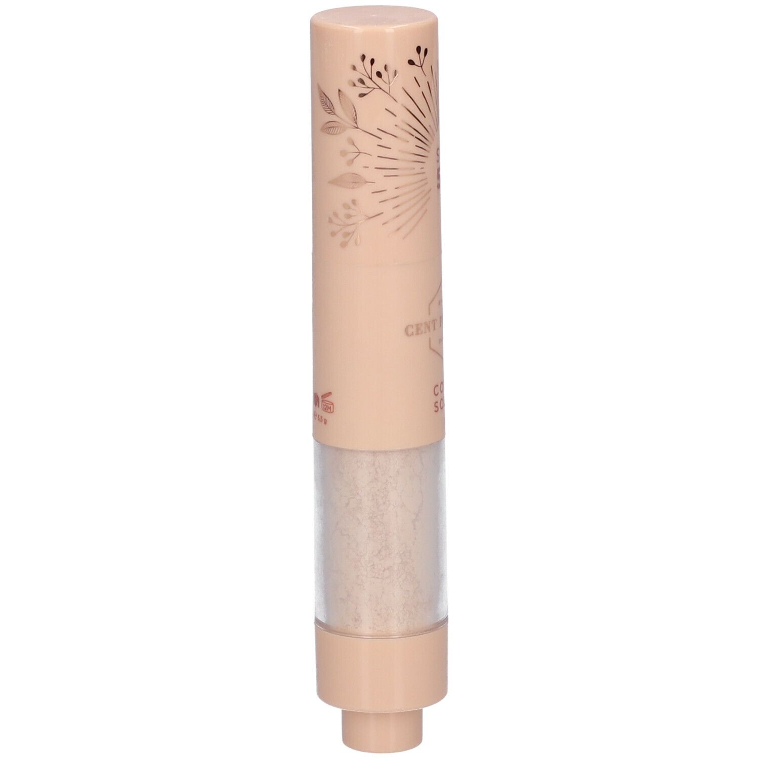 Cilindrisch product. Beige huls met tekst en transparante houder met poeder.
