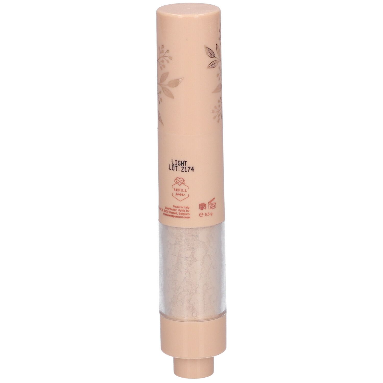 Cilindrisch product. Beige huls met tekst en transparante houder met poeder. Opschrift: Light.