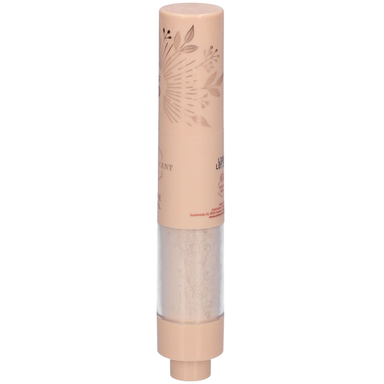 Cilindrisch product. Beige huls met tekst en transparante houder met poeder. Opschrift: Light.
