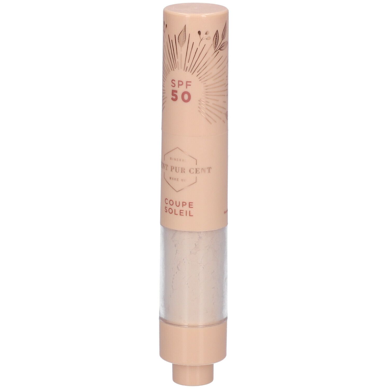 Cilindrisch product met SPF 50. Beige huls met tekst en transparante houder met poeder.