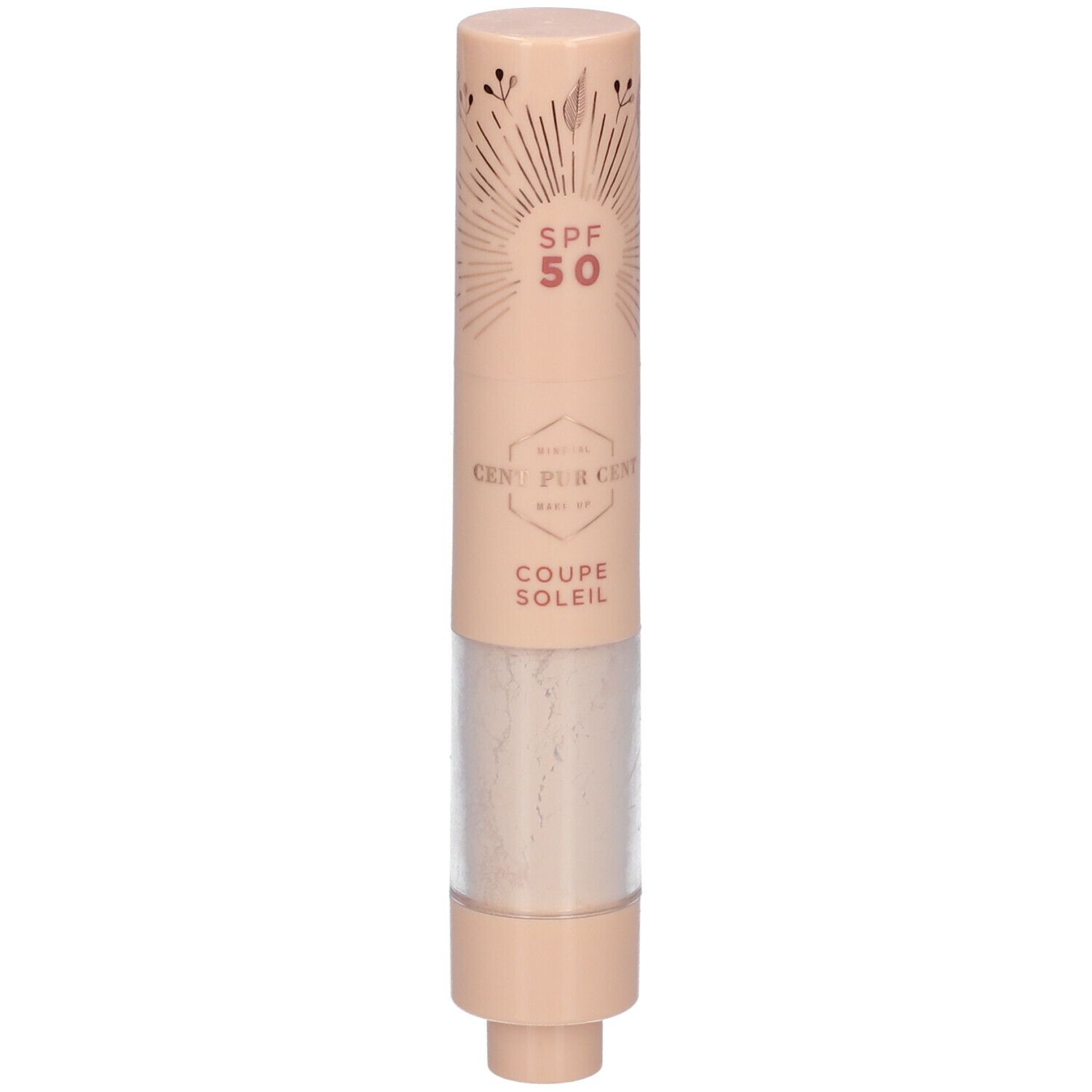 Cilindrisch product met SPF 50. Beige huls met tekst en transparante houder met poeder.