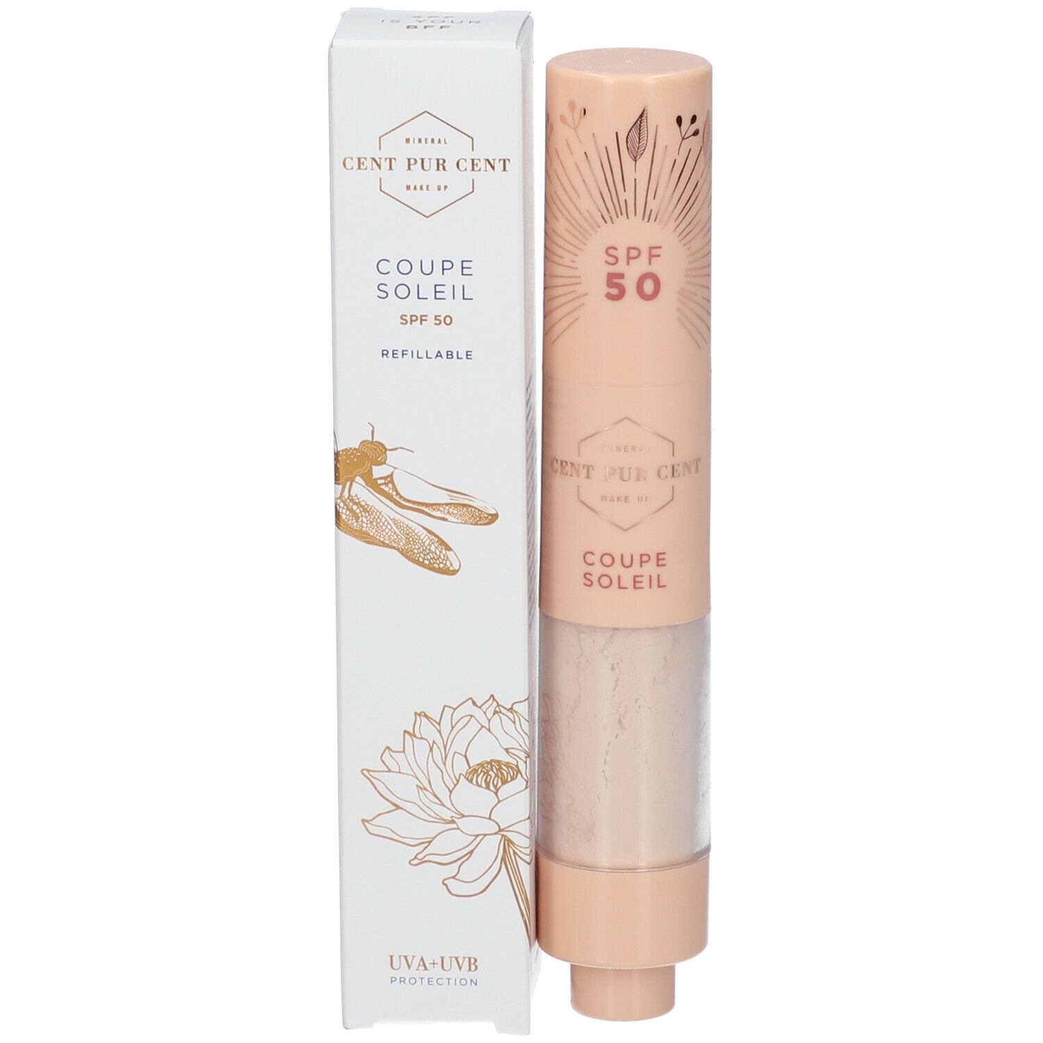 Product en verpakking. Cilindrisch product met SPF 50 en doos. Tekst op beide.