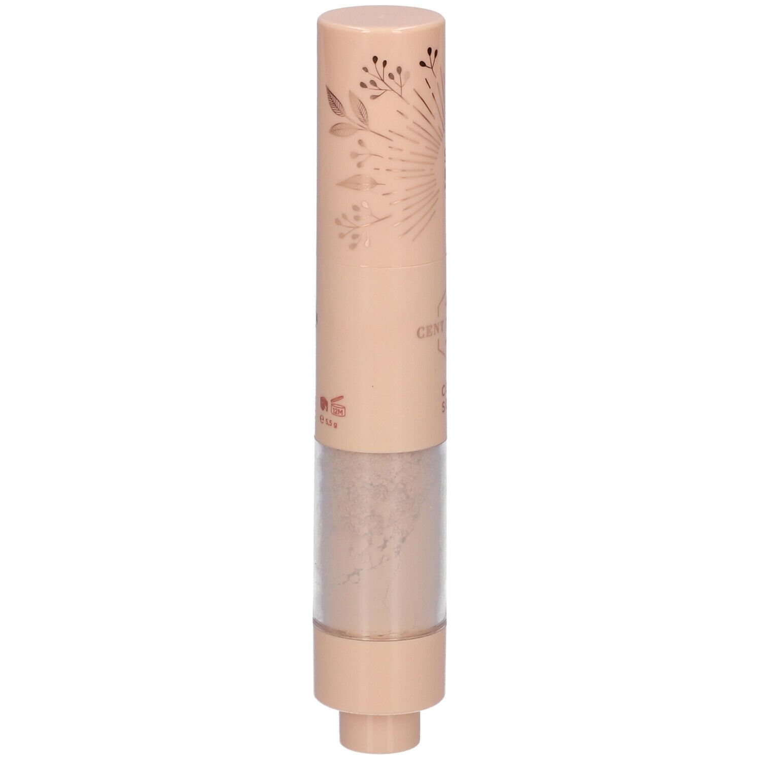 Beige SPF 50 zonnebescherming. Cilindrische vorm. Opschrift: Cent pur Cent, Coupe Soleil.