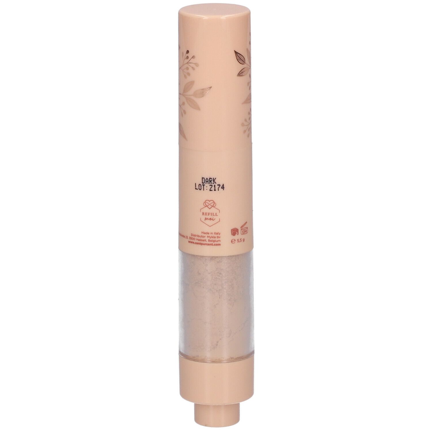 Beige SPF 50 zonnebescherming. Cilindrische vorm. Opschrift: Cent pur Cent, Coupe Soleil. Tekst: DARK LOT-2174.