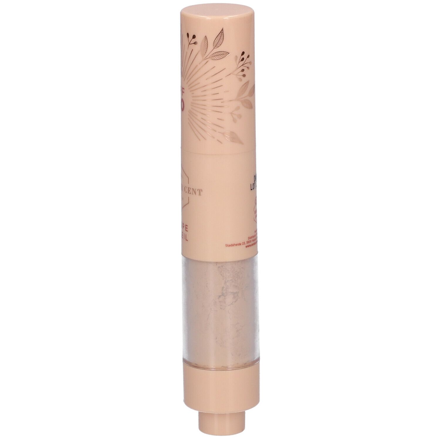Beige SPF 50 zonnebescherming. Cilindrische vorm. Opschrift: Cent pur Cent, Coupe Soleil.
