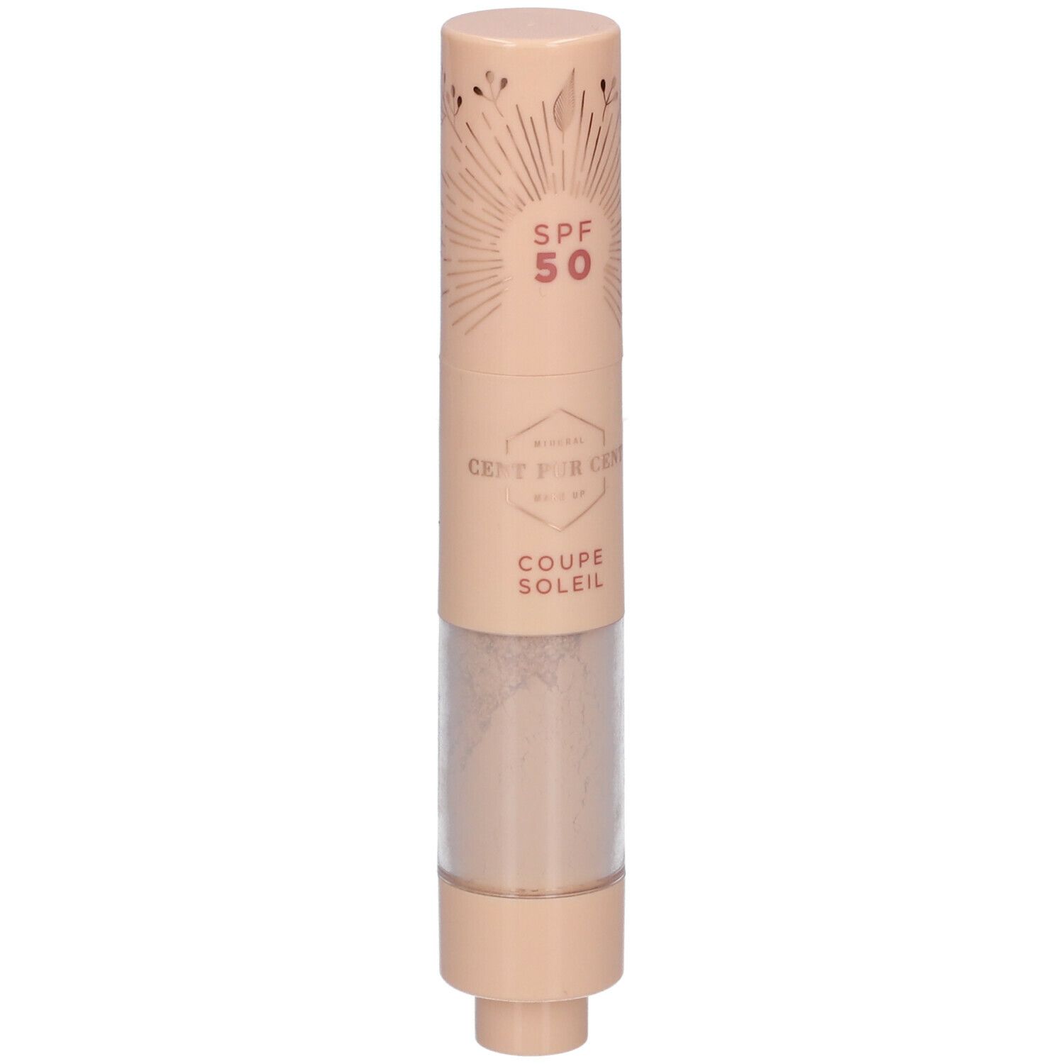 Beige SPF 50 zonnebescherming. Cilindrische vorm. Opschrift: Cent pur Cent, Coupe Soleil.