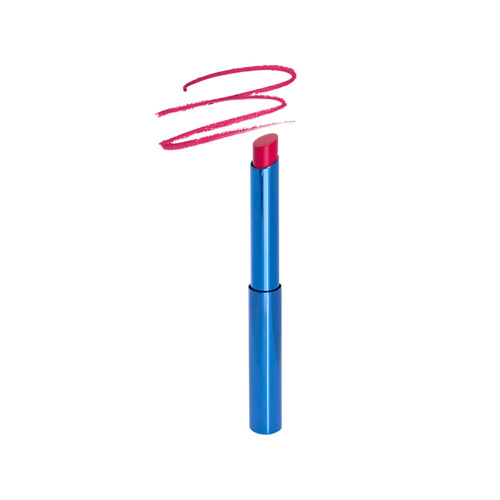 Rouge à lèvres rose sorti d'un étui bleu. Éclaboussures de couleur rose.