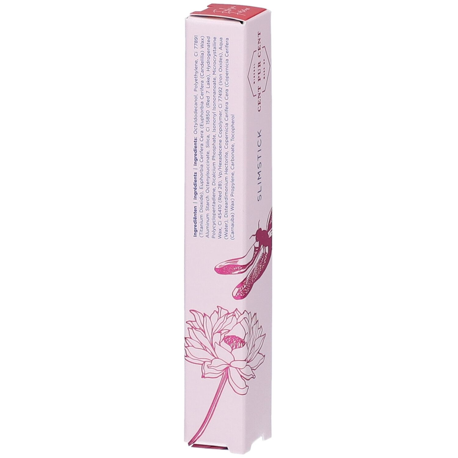 Emballage fin de rouge à lèvres rose. Inscriptions: CENT PUR CENT, SLIMSTICK. Liste des ingrédients imprimée.