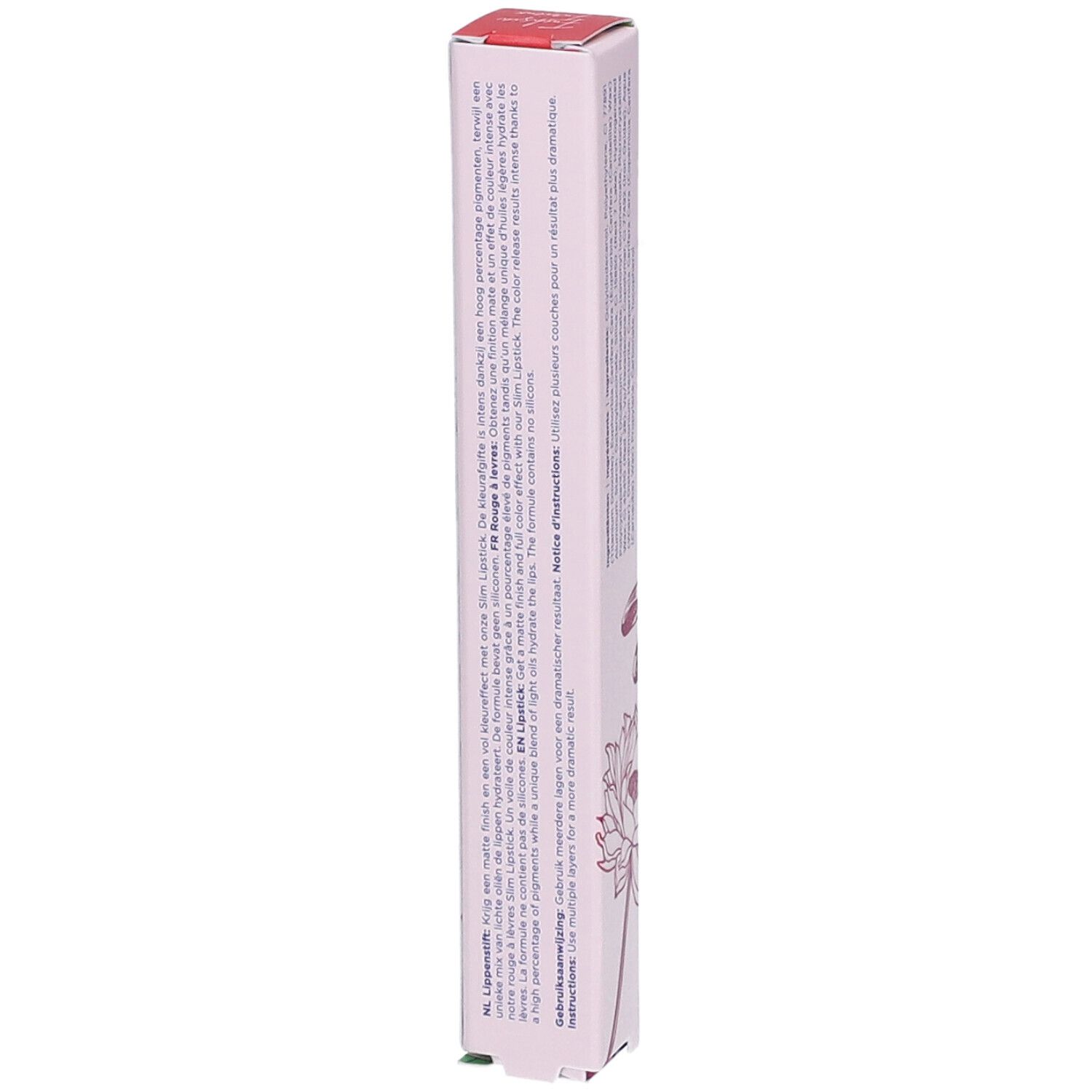 Emballage fin de rouge à lèvres rose. Texte multilingue. Inscriptions: CENT PUR CENT, SLIMSTICK.