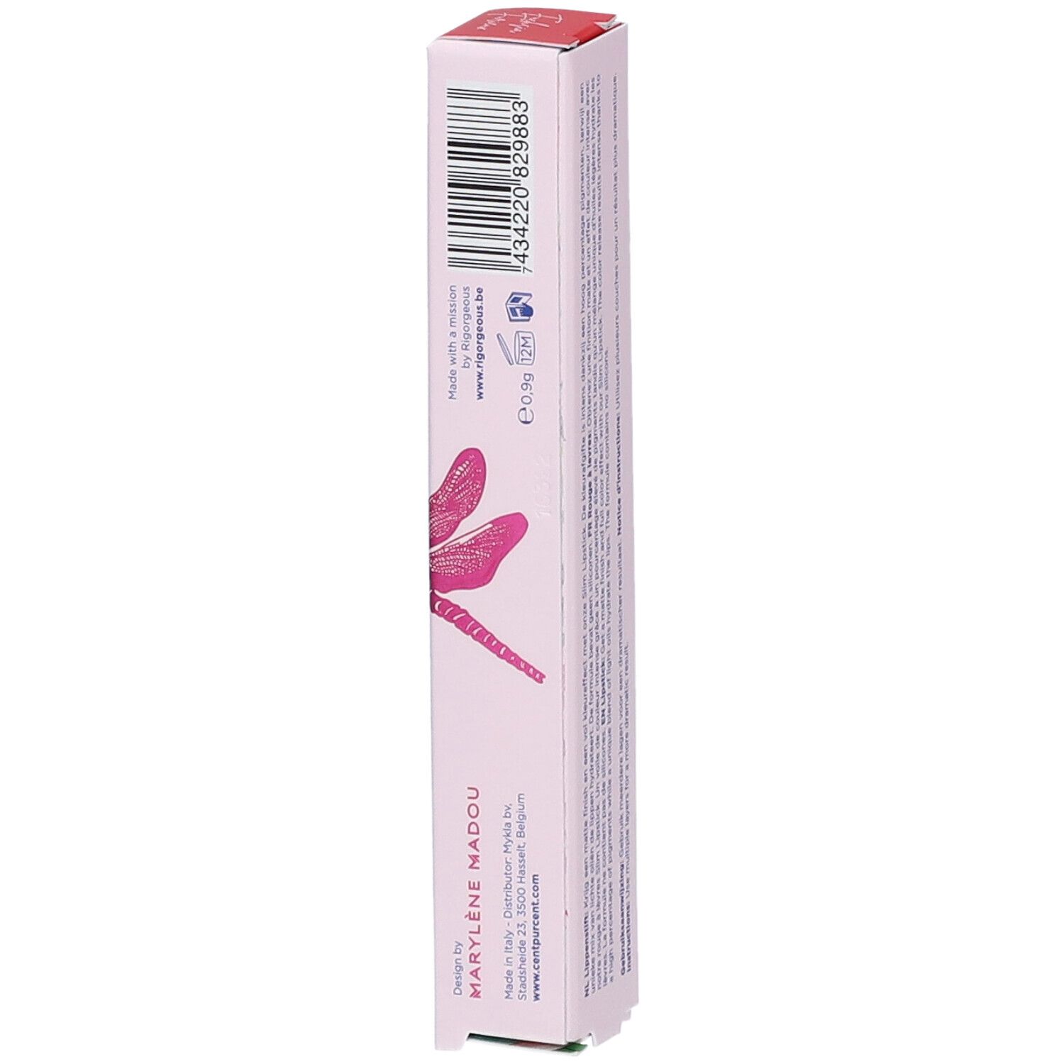 Emballage fin de rouge à lèvres rose. Inscriptions: CENT PUR CENT, SLIMSTICK. Code-barres et coordonnées.