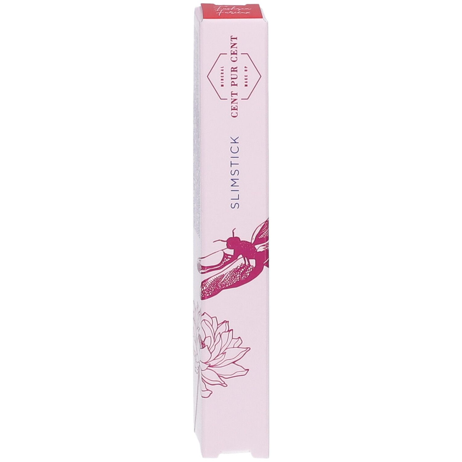 Emballage fin de rouge à lèvres rose. Inscriptions: CENT PUR CENT, SLIMSTICK. Illustrations: libellule, fleur.