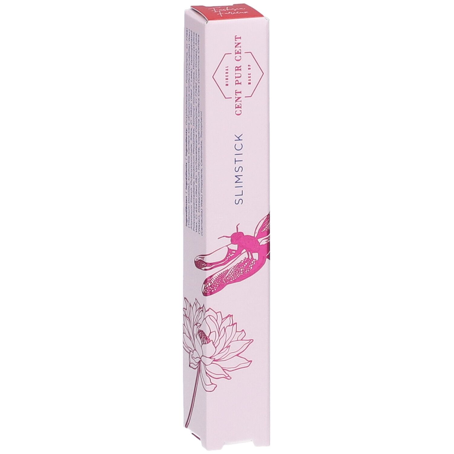 Emballage fin de rouge à lèvres rose. Inscriptions: CENT PUR CENT, SLIMSTICK. Illustrations: libellule, fleur.