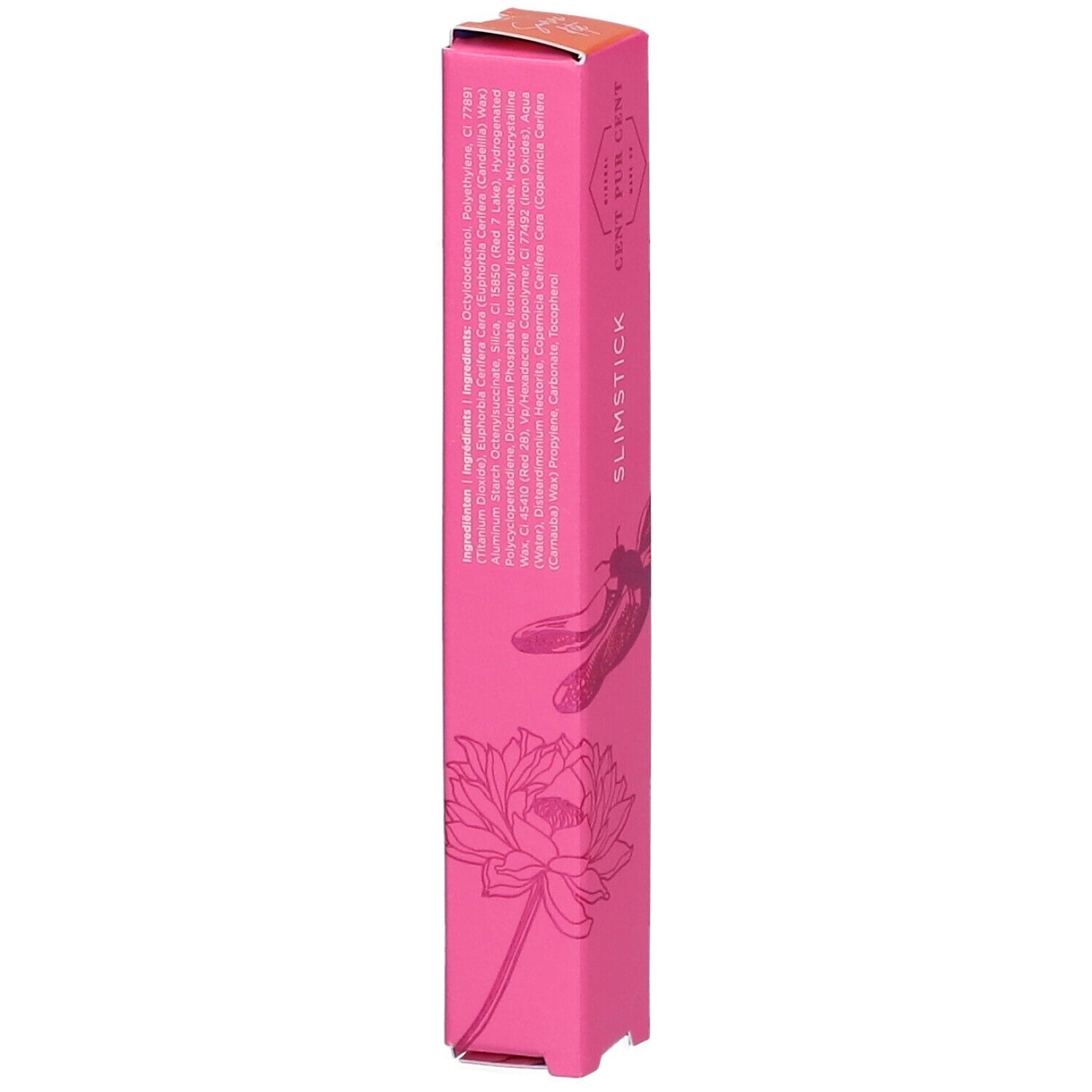 Roze verpakking met ingrediënten. Opschrift: CENT PUR CENT SLIMSTICK. Illustraties: libelle, lotusbloem. Oranje deksel.