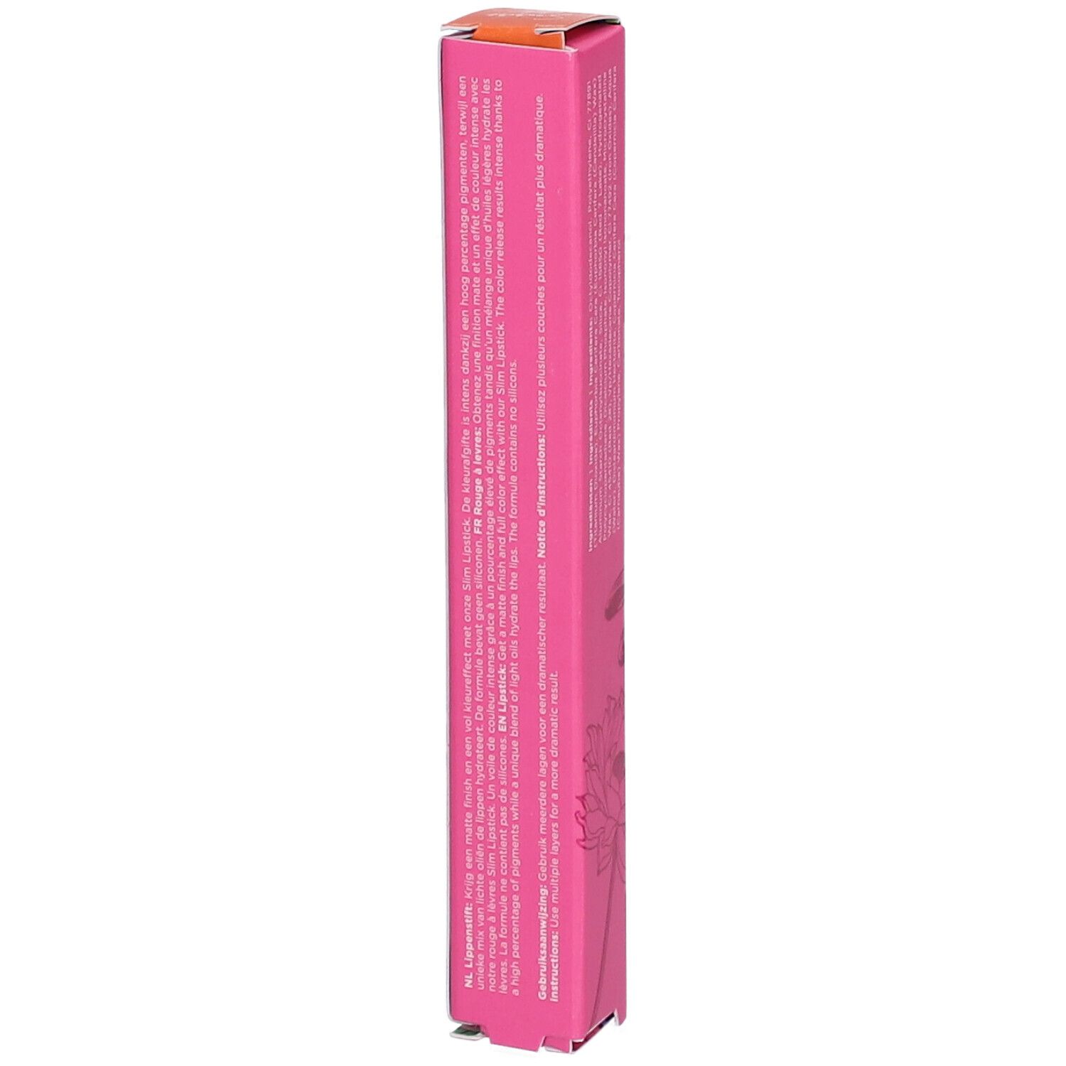 Roze verpakking met tekst. Opschrift: CENT PUR CENT SLIMSTICK. Illustraties: libelle, lotusbloem. Oranje deksel.