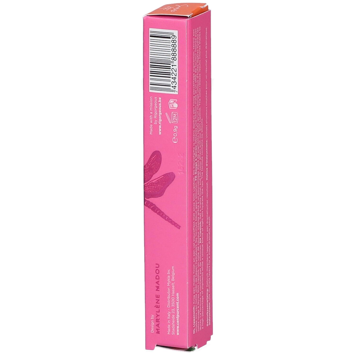 Roze verpakking met barcode en adres. Opschrift: CENT PUR CENT SLIMSTICK. Illustraties: libelle, lotusbloem. Oranje deksel.