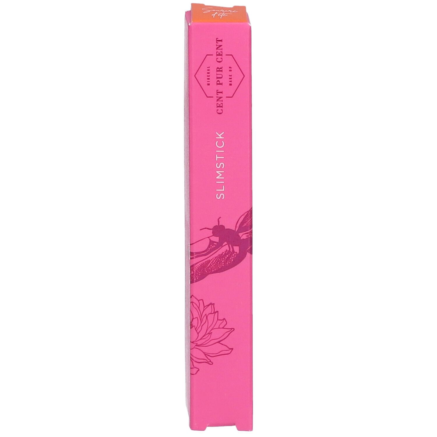Roze verpakking. Opschrift: CENT PUR CENT SLIMSTICK. Illustraties: libelle, lotusbloem. Oranje deksel.