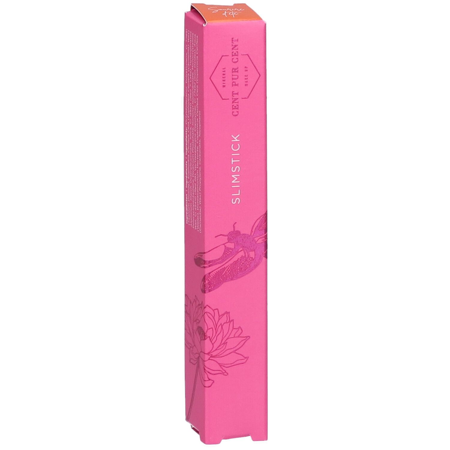 Roze verpakking. Opschrift: CENT PUR CENT SLIMSTICK. Illustraties: libelle, lotusbloem. Oranje deksel.