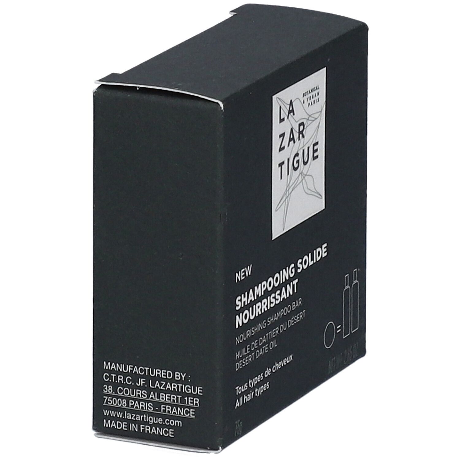 Schwarze Schachtel mit weißer Schrift. Enthält festes Shampoo. Marke: LAZARTIGUE. Text: Nourrissant, Desert Date Oil, hergestellt in Frankreich.