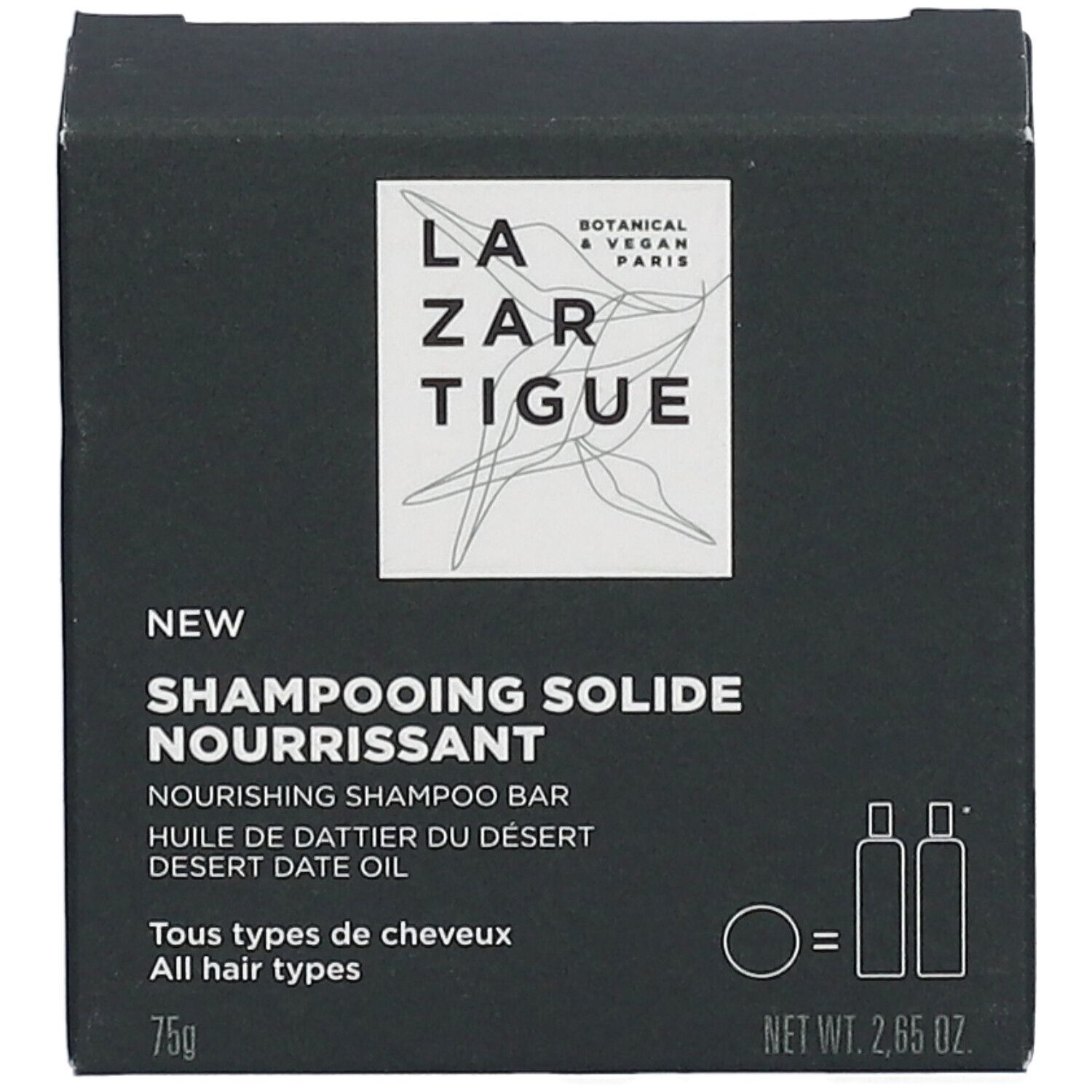 Schwarze Schachtel mit weißer Schrift. Enthält festes Shampoo. Marke: LAZARTIGUE. Text: Nourrissant, Desert Date Oil, alle Haartypen.