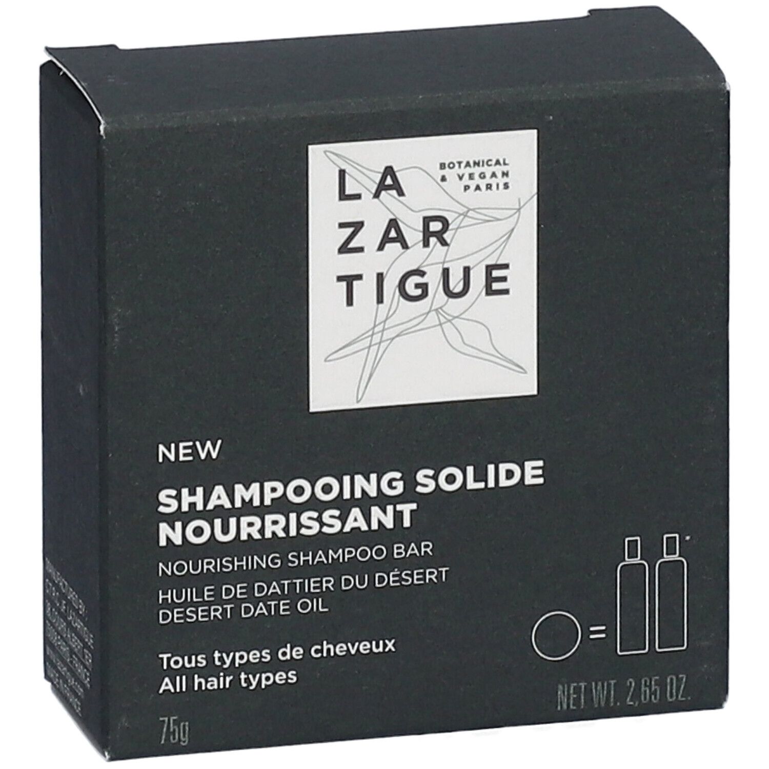 Schwarze Schachtel mit weißer Schrift. Enthält festes Shampoo. Marke: LAZARTIGUE. Text: Nourrissant, Desert Date Oil, alle Haartypen.