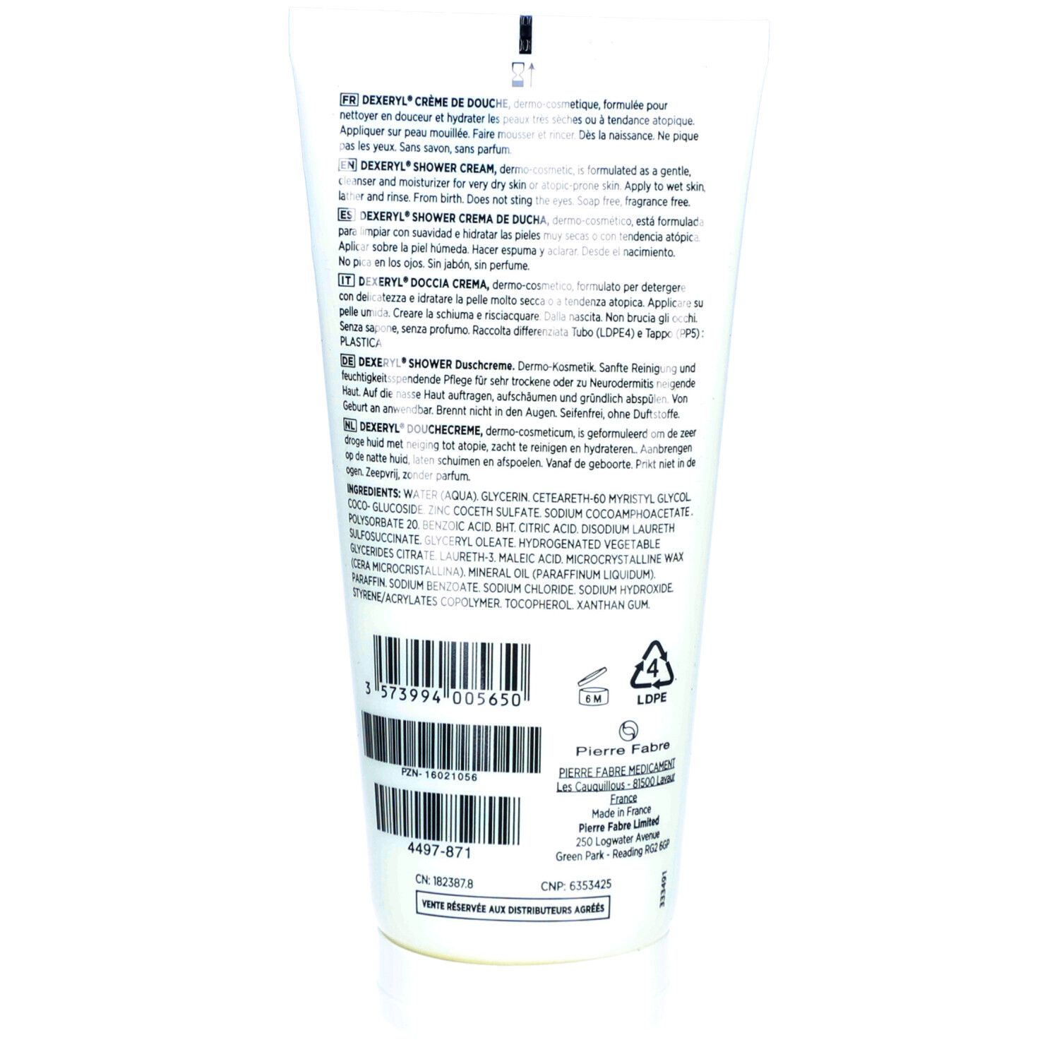 Weiße Tube mit Duschcreme-Aufdruck, Inhaltsstoffliste und Barcode.
