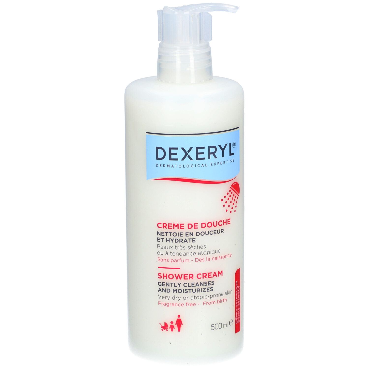 Weiße Pumpflasche mit Dexeryl Duschcreme. 500ml.