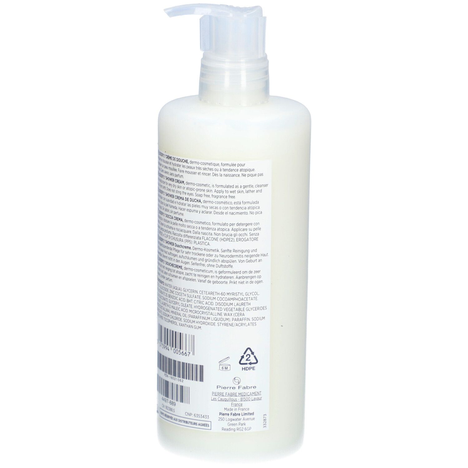 Weiße Pumpflasche mit cremiger Lotion. Enthält Textinformationen und ein Recycling-Symbol.