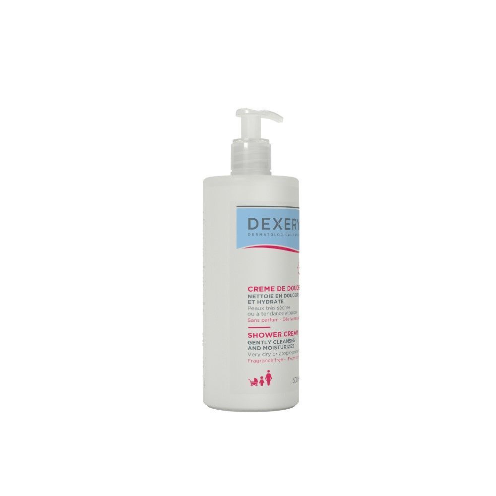 Weiße Flasche mit Pumpe. Dexeryl Crème de Douche. Für sehr trockene Haut. 500 ml.