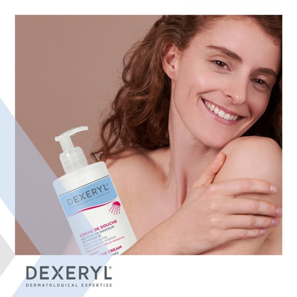 Dexeryl Crème de Douche Flasche neben einer lächelnden Frau. Produktabbildung.