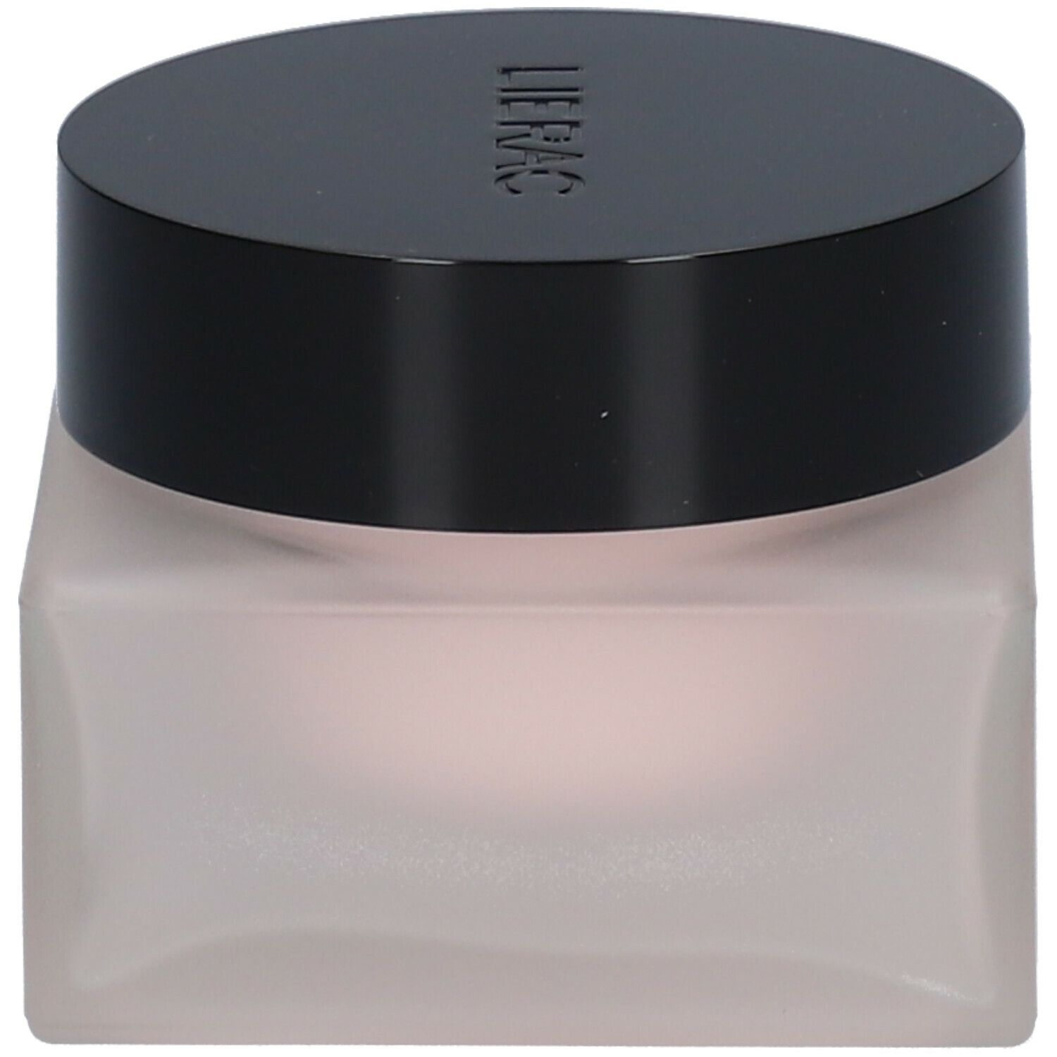 Pot de crème avec couvercle noir. Le pot est carré et rose. Le couvercle porte l'inscription "LIERAC".