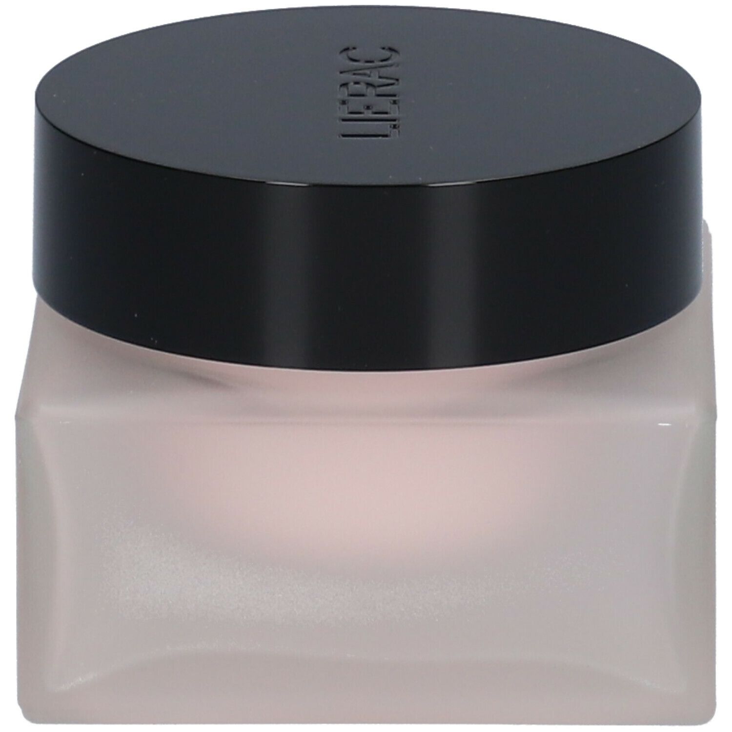 Pot de crème avec couvercle noir. Le pot est carré et rose. Le couvercle porte l'inscription "LIERAC".