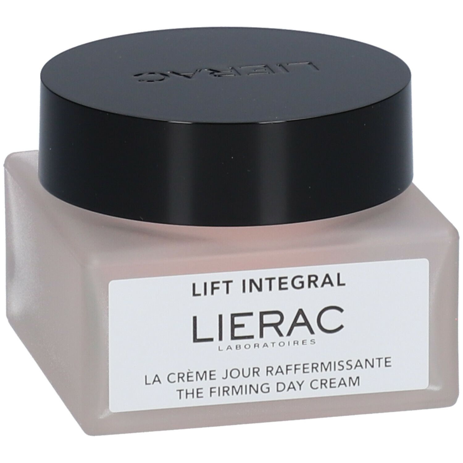 Pot de crème avec couvercle noir. L'étiquette indique "LIFT INTEGRAL" et "LIERAC". En dessous, "LA CRÈME JOUR RAFFERMISSANTE".