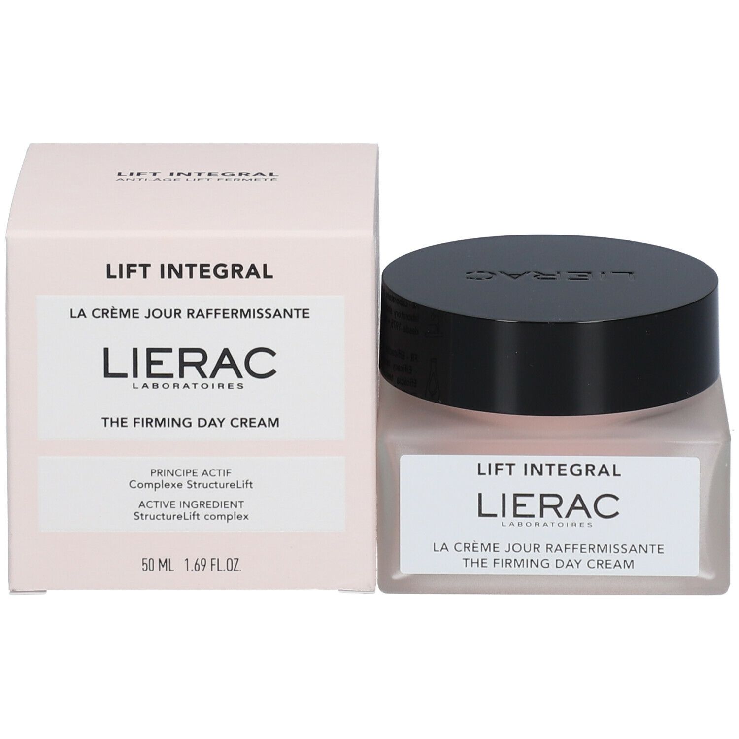 Pot de crème et emballage. L'emballage indique "LIFT INTEGRAL" et "LIERAC". Le pot a un couvercle noir.