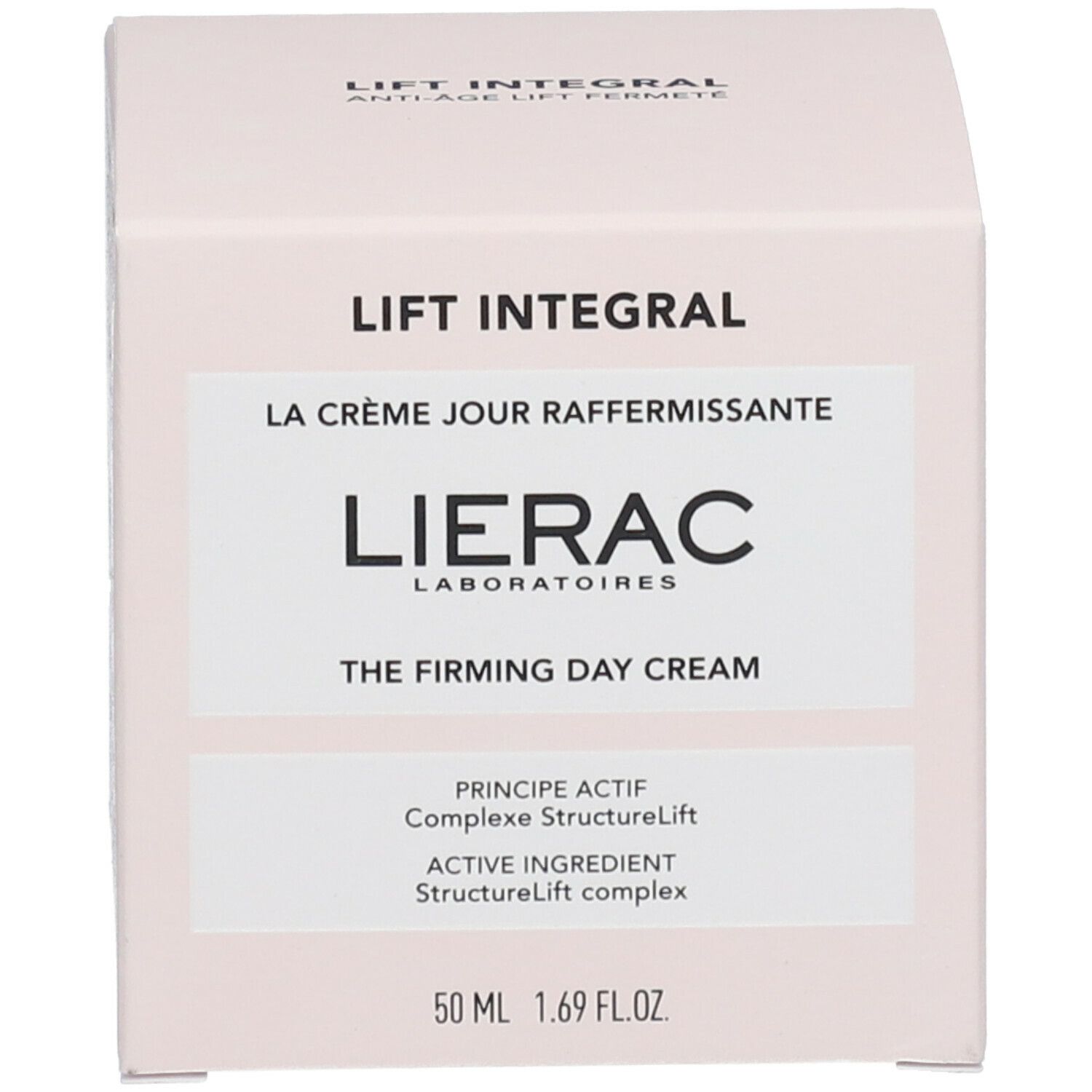 Emballage avec l'inscription "LIFT INTEGRAL" et "LIERAC". L'emballage indique également "THE FIRMING DAY CREAM".