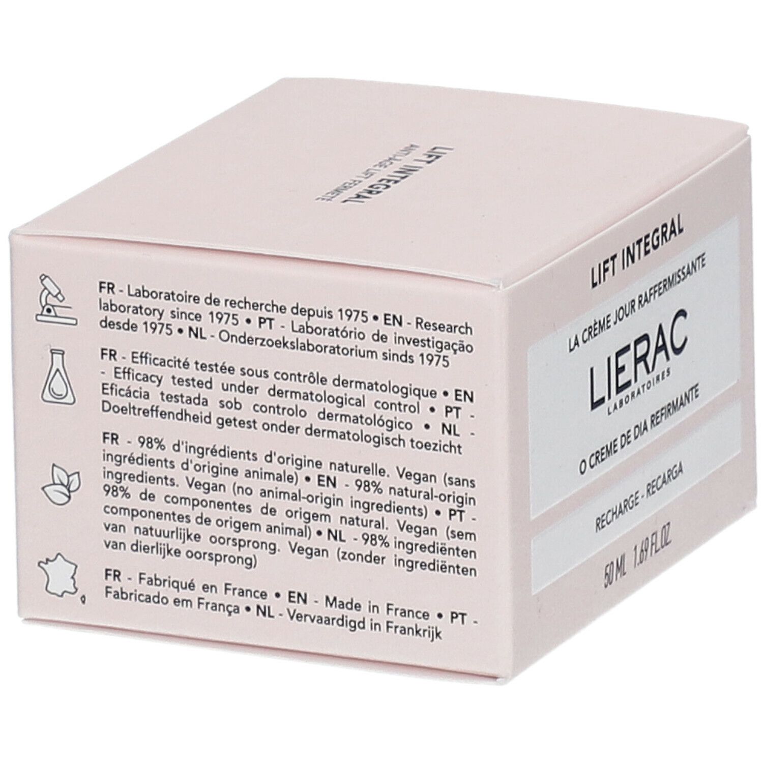 Boîte rose avec informations produit. Texte multilingue. "Fabriqué en France" visible.