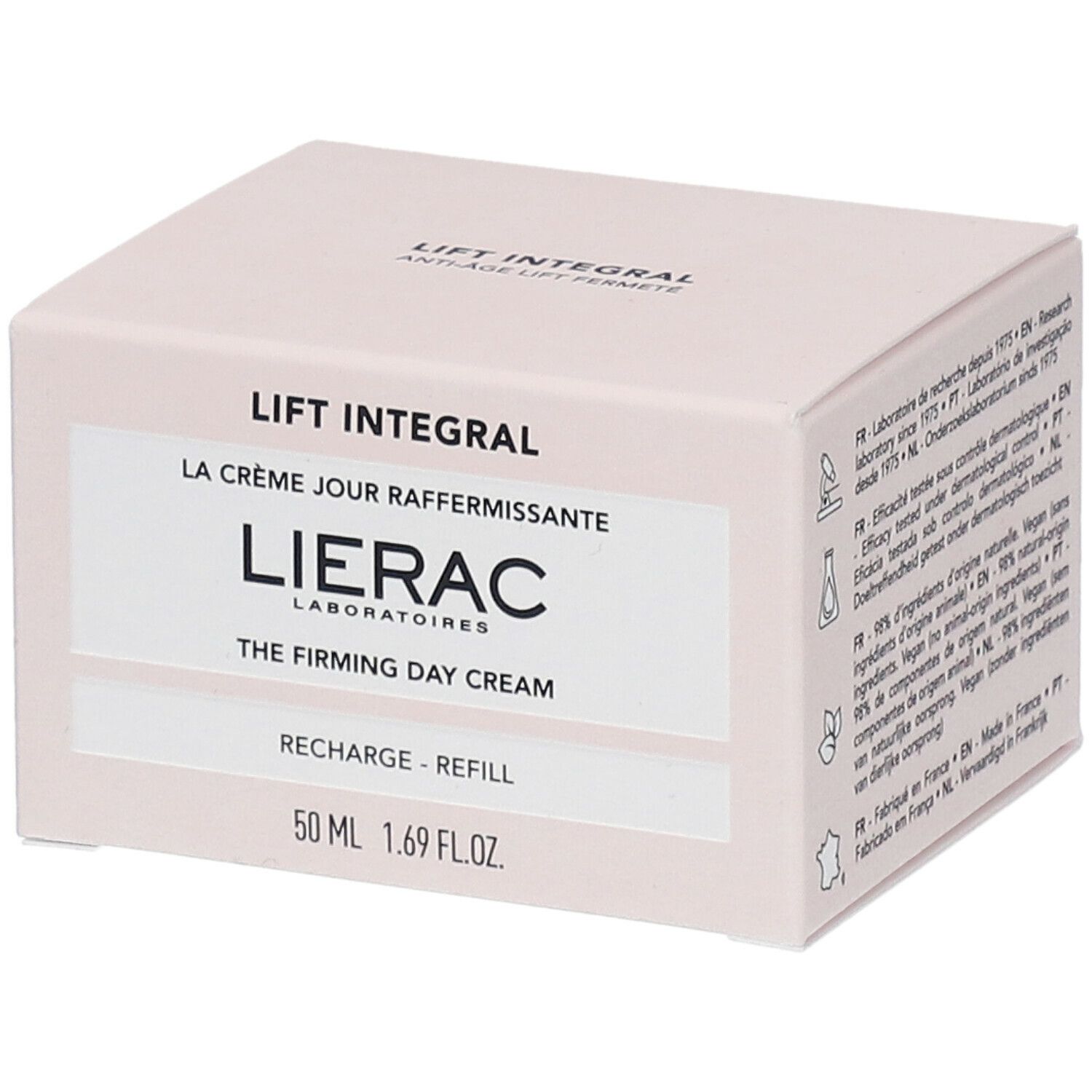 Boîte rose avec informations produit. "LIFT INTEGRAL" et "LIERAC" visibles. "THE FIRMING DAY CREAM".