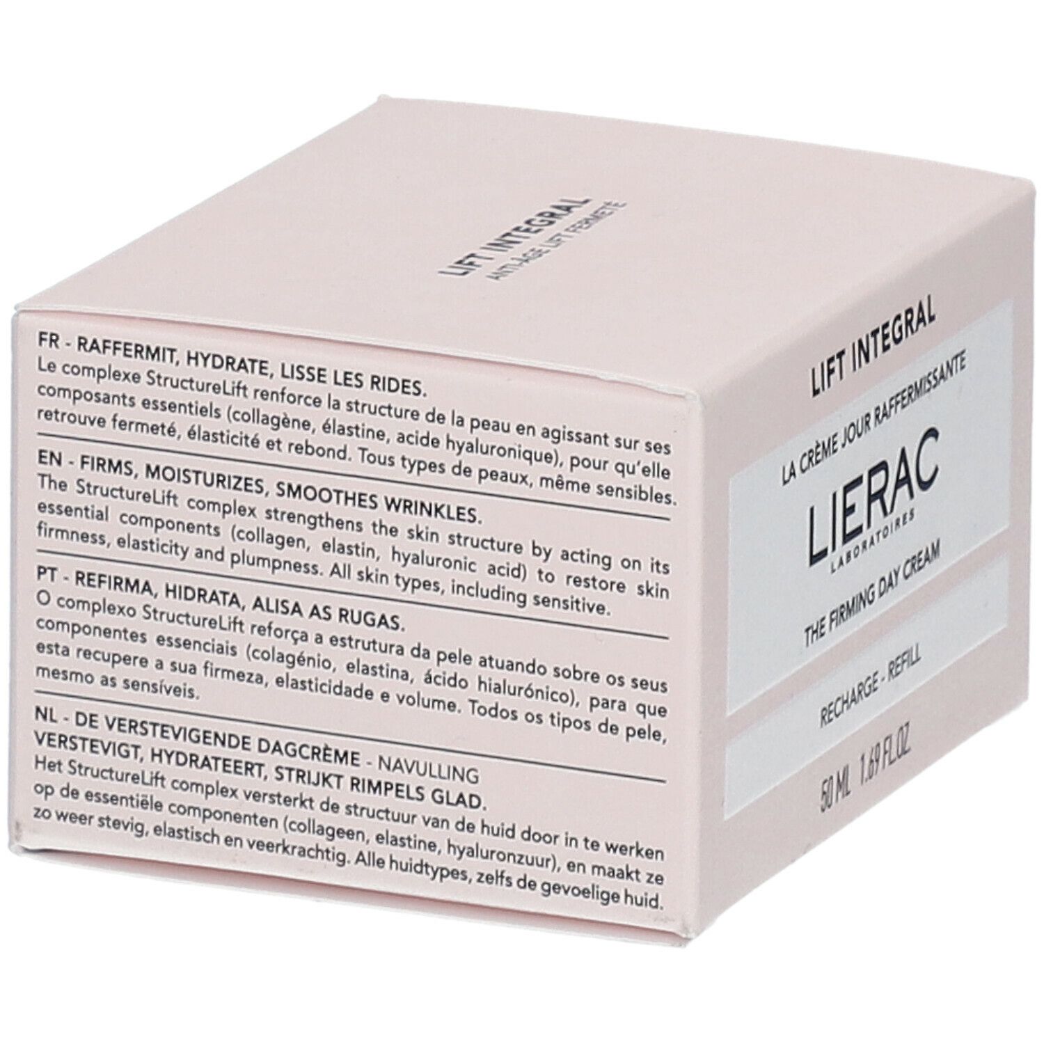 Boîte rose avec informations produit. Texte multilingue. Description et ingrédients du produit.