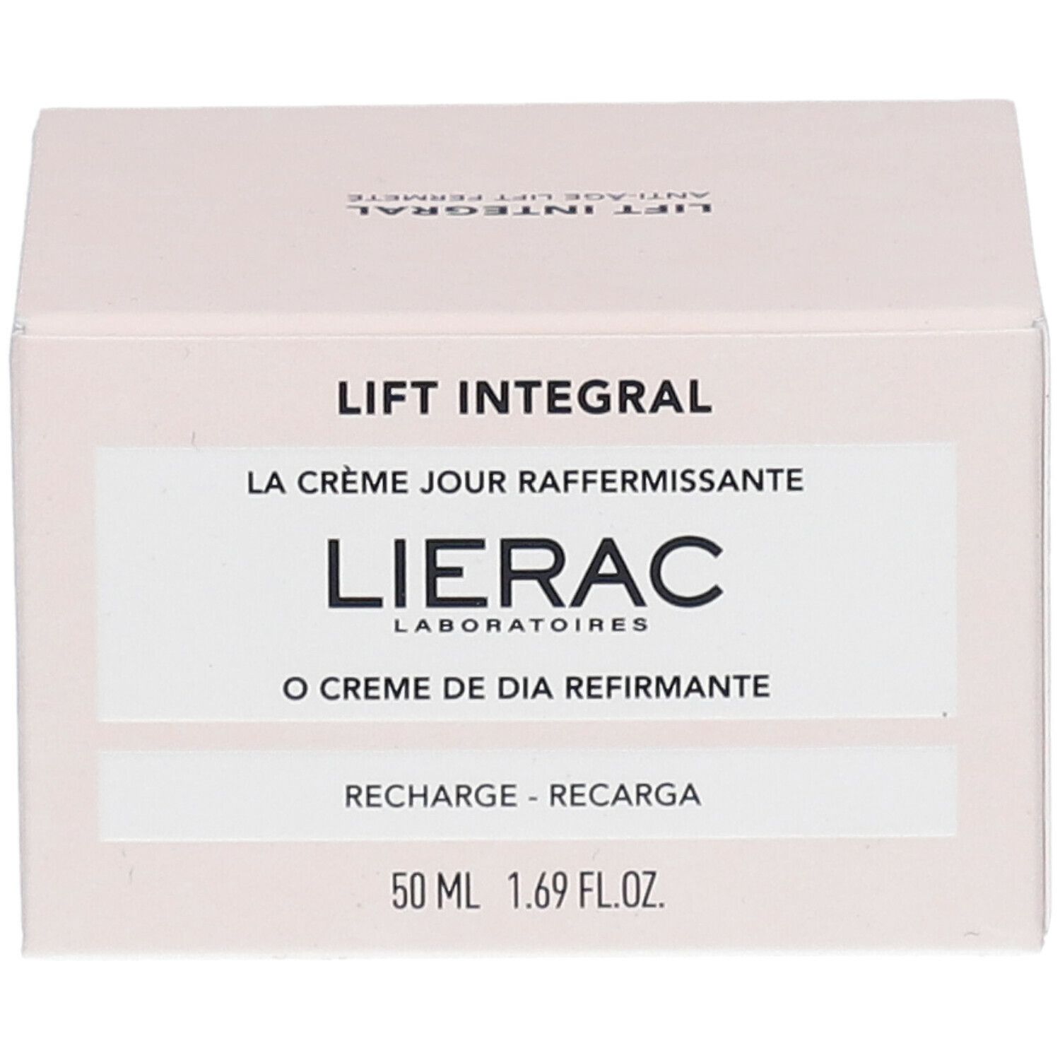 Boîte rose avec informations produit. "LIFT INTEGRAL" et "LIERAC" visibles. 50 ml.