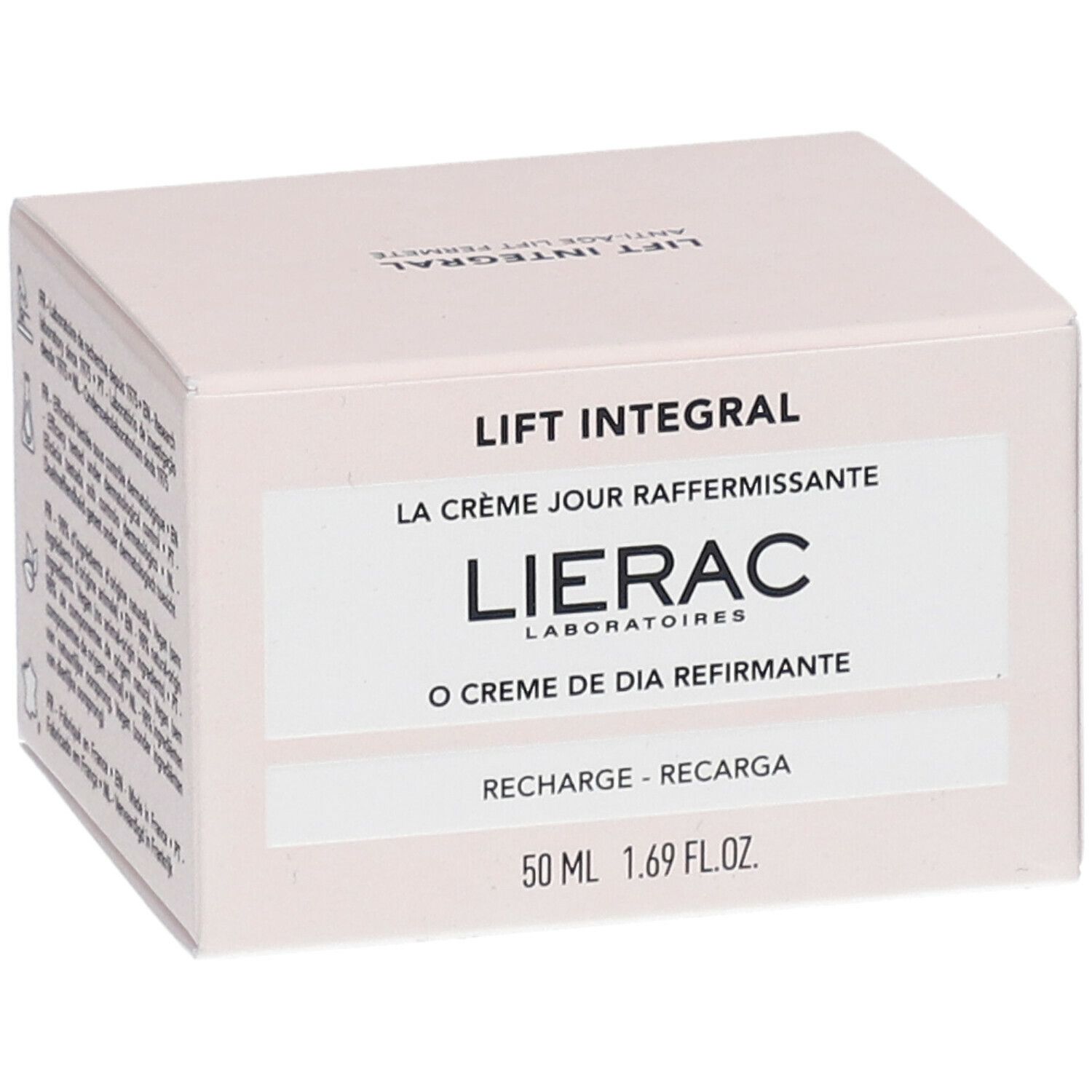 Boîte rose avec informations produit. "LIFT INTEGRAL" et "LIERAC" visibles. 50 ml.
