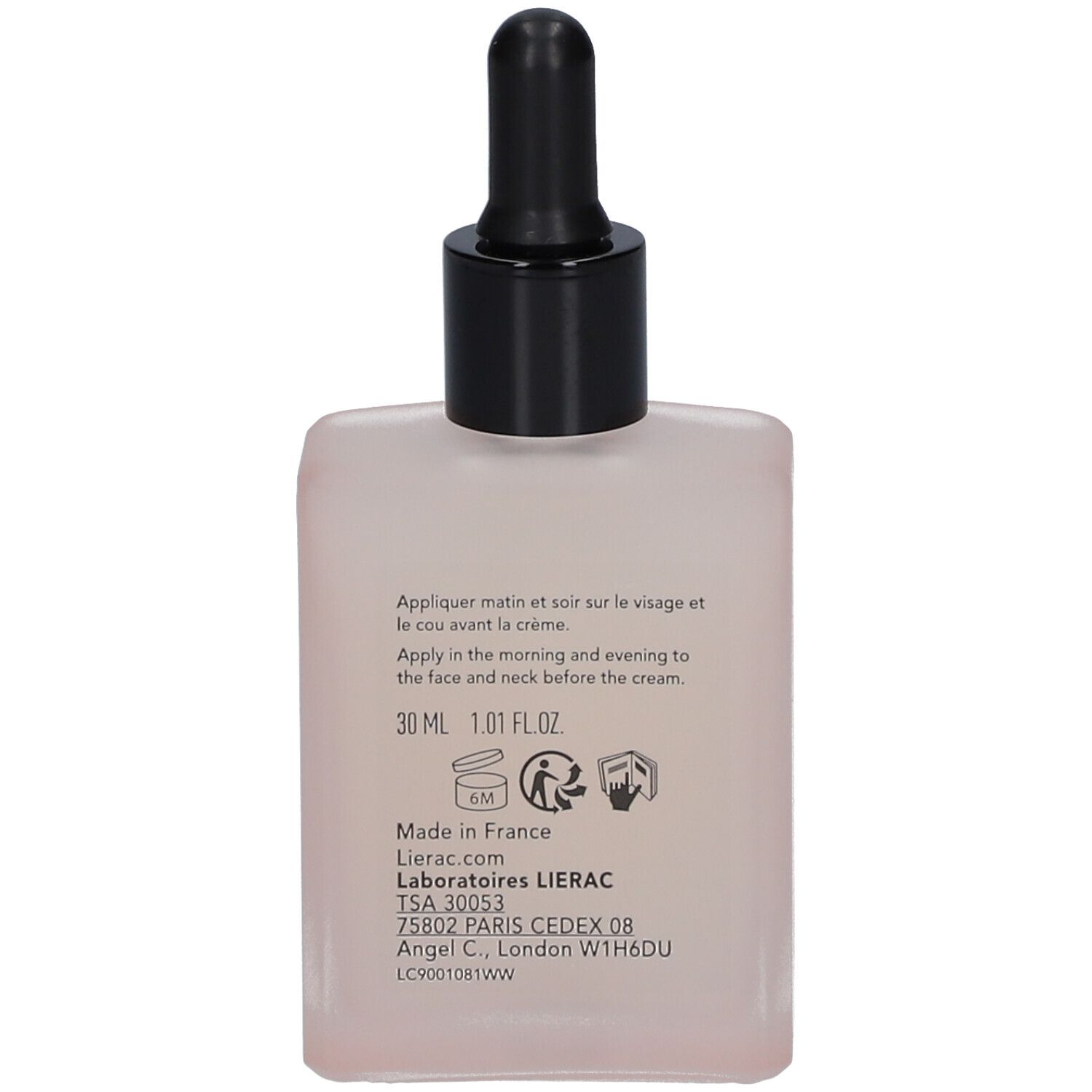 Achterkant van een roze serumfles met zwarte dop. Tekst: 30 ml, ingrediënten, fabrikantenadres, recyclingsymbolen.