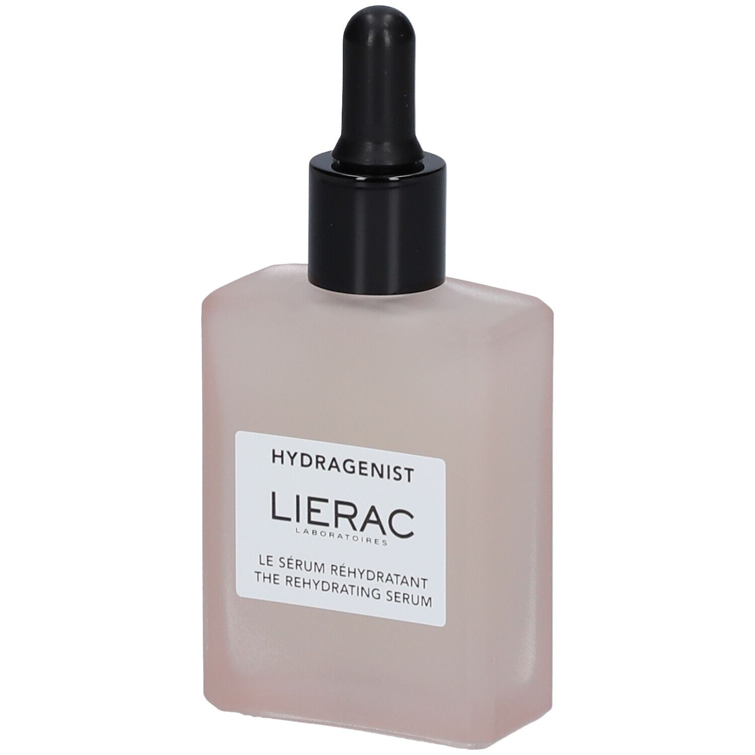 Roze serumfles met zwarte dop en pipet. Opschrift: LIERAC, HYDRAGENIST, Le Sérum Réhydratant.