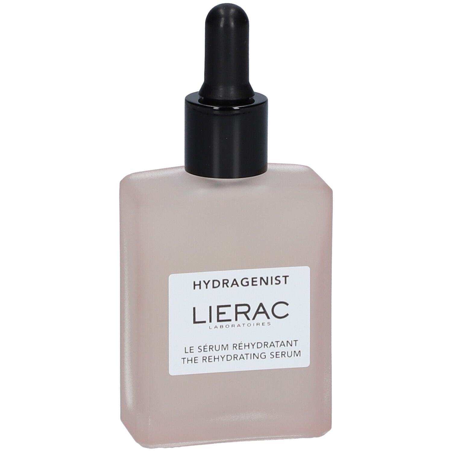 Roze serumfles met zwarte dop en pipet. Opschrift: LIERAC, HYDRAGENIST, Le Sérum Réhydratant.