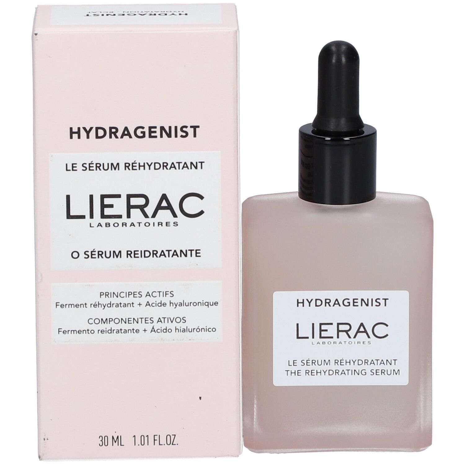 Productverpakking en serumfles. Verpakking: roze, witte tekst. Fles: roze, zwart, LIERAC, HYDRAGENIST.